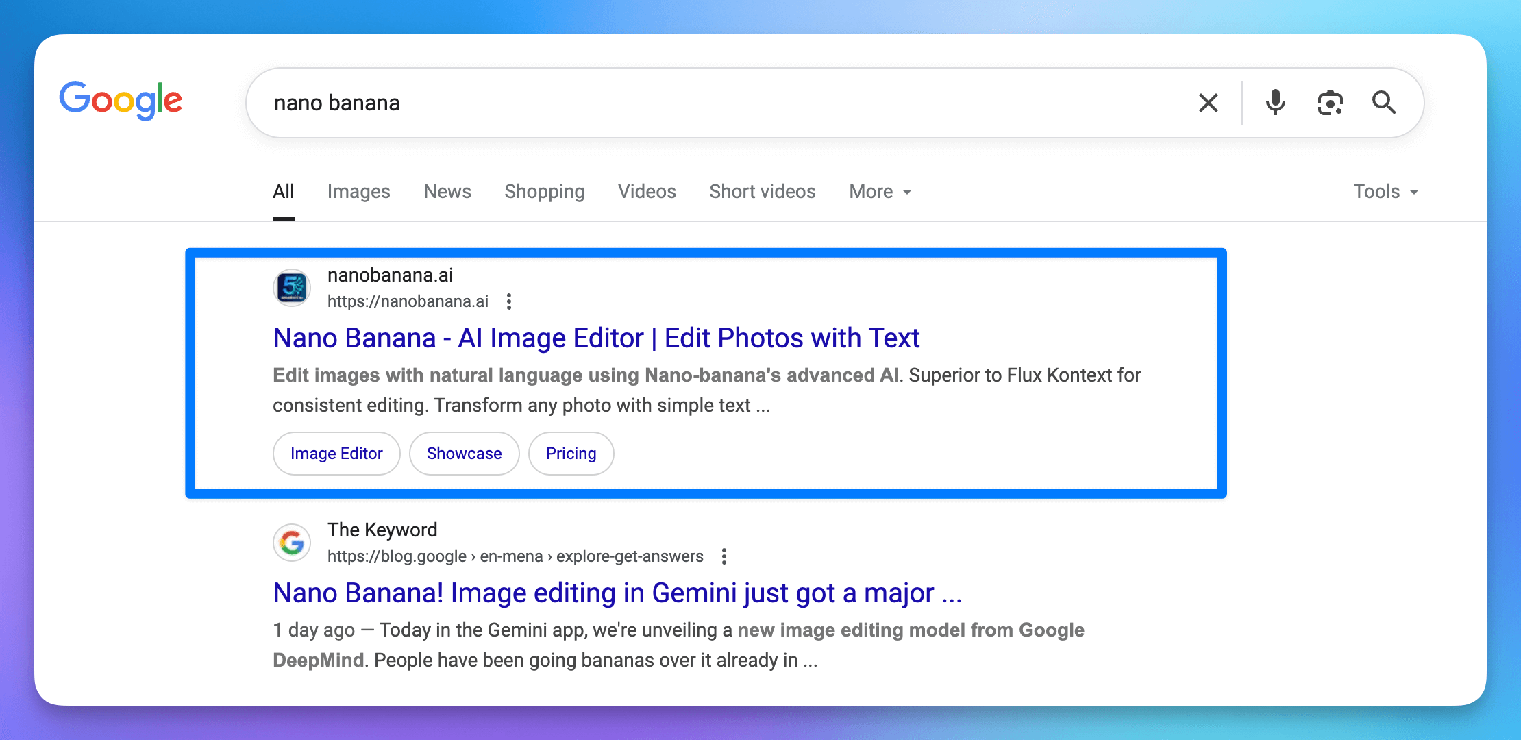 Nano Banana 网站在 Google 搜索结果中排名第一